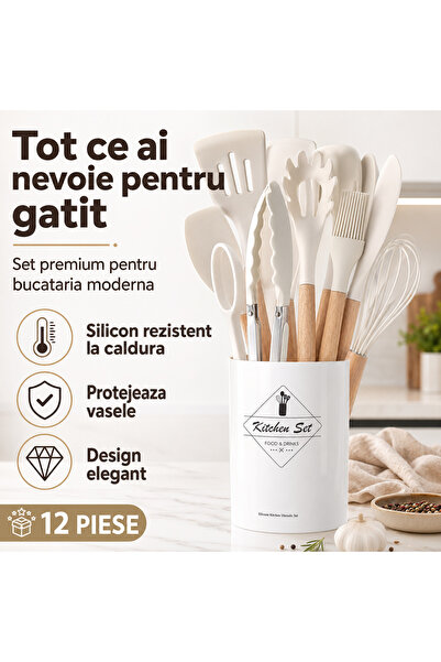 iTin Set Ustensile Bucatarie din Silicon termorezistent Alb, 12 Piese, Maner ...