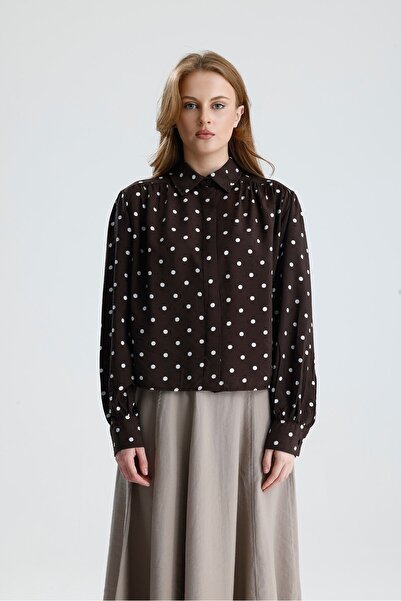 Women's Coffee Polka Dot Shirred Wide Cut Shirt 31120