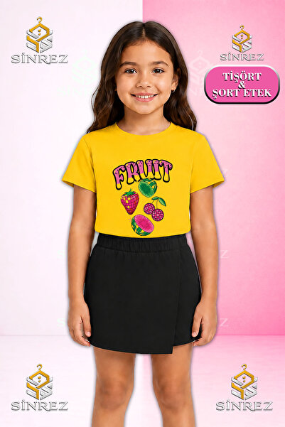 SİNREZ Girl's Set Fruit Quartet Fruit Writing Printed Short Sleeve T-Shirt Sh...