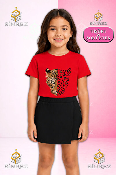 SİNREZ Set pentru fete LEOPARD HEAD LARGE Tricou cu mânecă scurtă imprimat Fu...