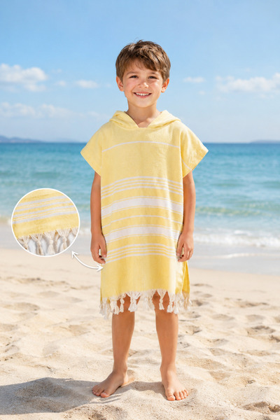 HOMENUP Cotton Children's Bathrobe Poncho Peshtemal 100% Cotton Beach Towel Y...
