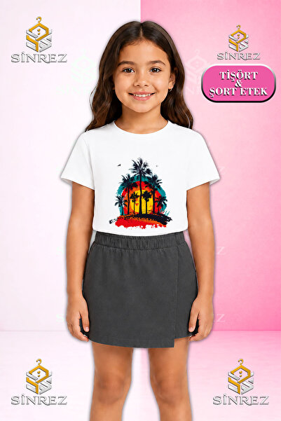 SİNREZ Girl's Set Palm Trees Summer Sun Canvas Printed Short Sleeve T-Shirt S...