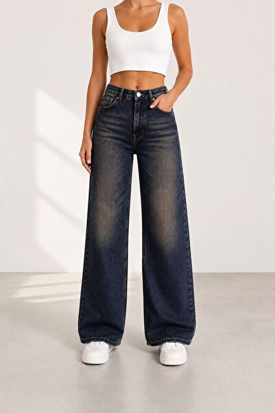 Lighter Jeans بنطلون جينز نسائي واسع الساق عالي الخصر باللون الأزرق الداكن قا...