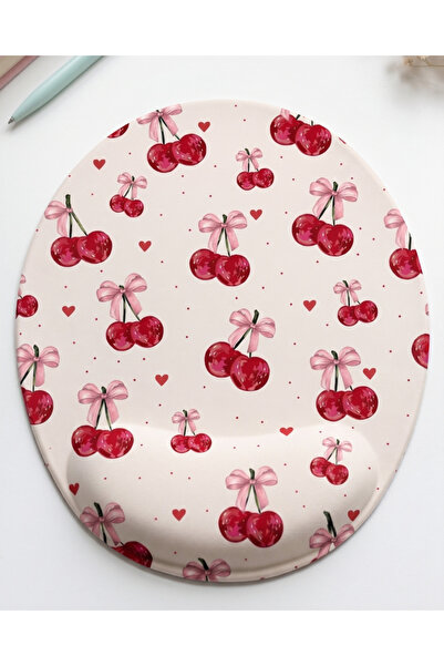 matizya Pembe Kurdeleli Kiraz Desenli Bilek Destekli Oval Mousepad 19x23 cm C...