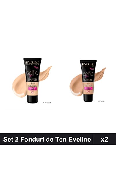 Eveline Set 2 Fonduri de Ten Selfie Time 2in1, Nuante Porcelain & Vanilla, 30ml