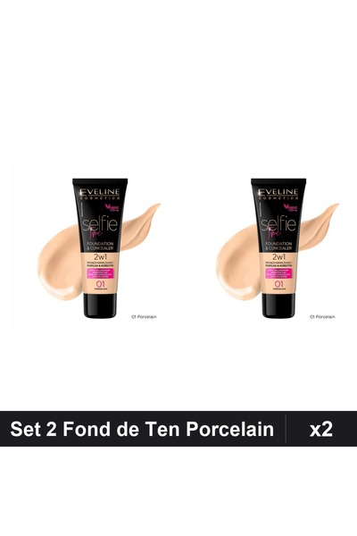 Eveline Set 2 Fond de Ten Selfie Time 2in1, 01 Porcelain, 30ml, Machiaj