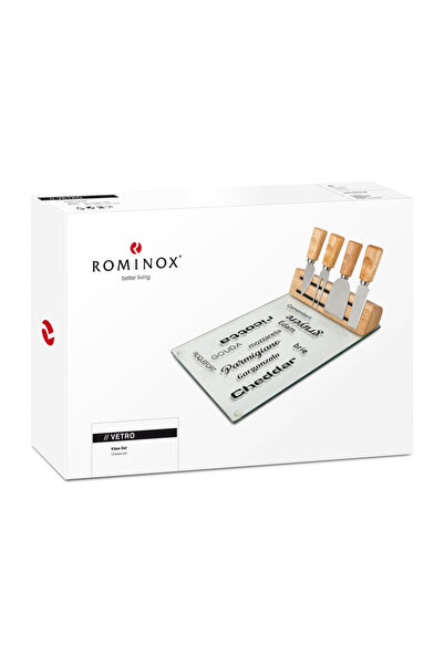 PROMİNOX Set de brânzeturi Rominox Vetro, platou de sticlă, 4 ustensile din oțel inoxidabil, suport magnetic, 30 x 20 cm