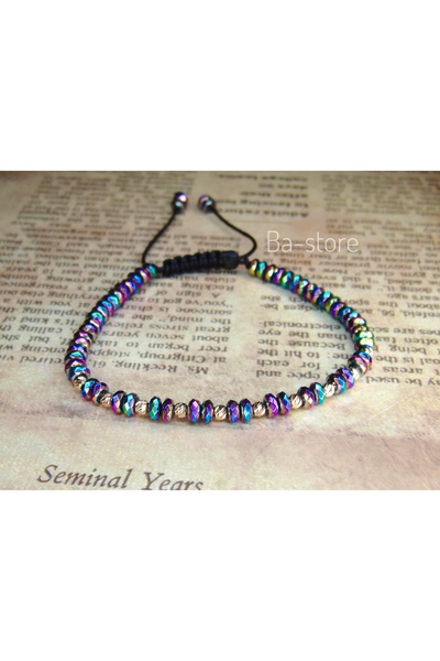BASTORE Adjustable bracelet with 10 14k gold balls and multicolored hematite