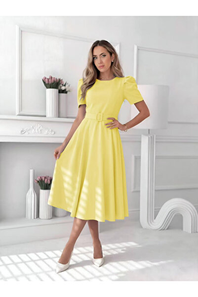 OEM Elegant women's Solid Color midi dress with Belt at the waist and puff sl...