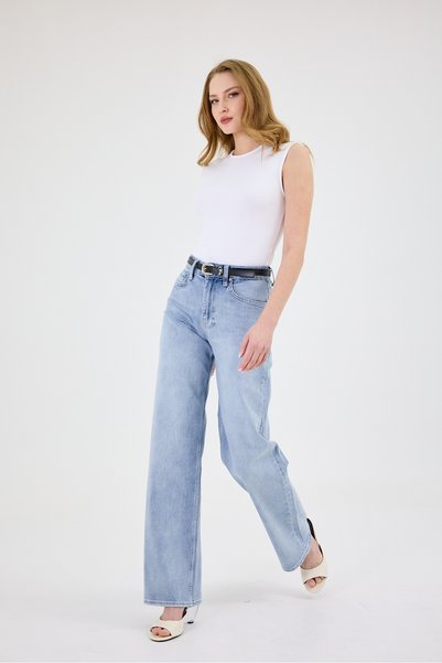 cracpot Women's Blue Wide Leg Jean Pants – High Waist Comfort Fit Loose Leg Stretch Denim