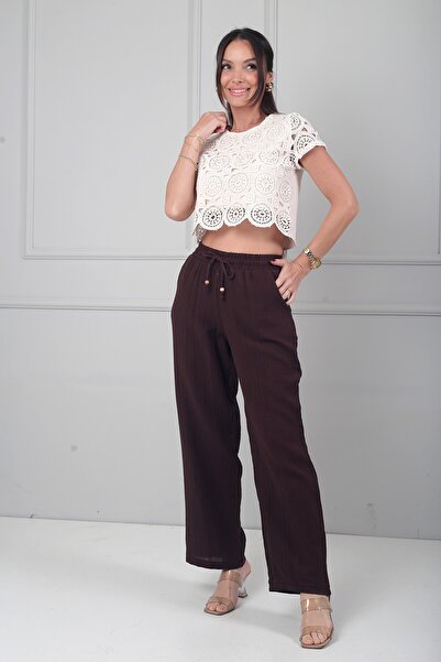 By Saygı Women's Elastic Waist Muslin Wide Leg Pants with Pockets