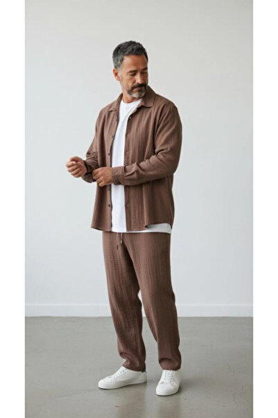 FAVORİST Men's Long Sleeve (Shirt and Pants) Wrinkled Tracksuit Set