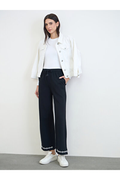 Styli Black Embroidered Hem Wide Leg Joggers