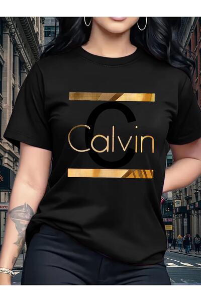 bolivia's تي شيرت نسائي برقبة دائرية وأكمام قصيرة مطبوع عليه حروف CALVIN، ملا...