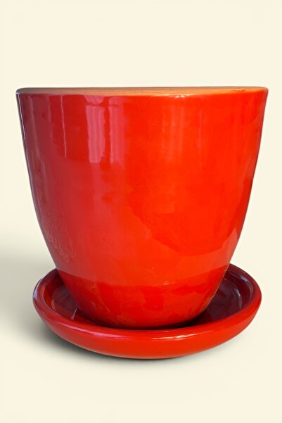 AdenArt Toprak Seramik Saksı Dekoratif Kırmızı Çift Sırlı Altlıklı 22*22 cm