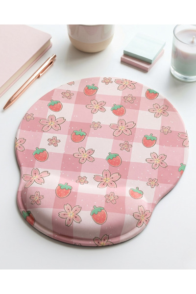 matizya Çilek ve Sakura Çiçeği Desenli Bilek Destekli Mousepad 23 x 19 cm Erg...