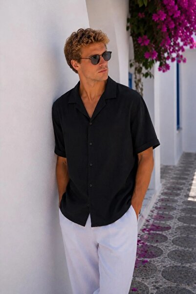 MADZEYMODA Men's Short Sleeve Muslin Shirt with Apaş Collar, Comfortable Fit,...
