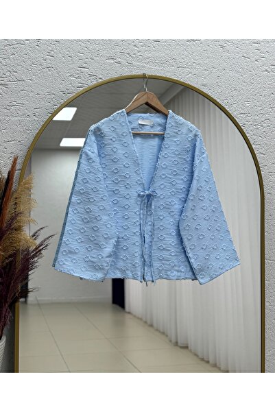 MİHRA STORE Kimono cu ciucuri și legături Şelale-Zİ3141 Albastru