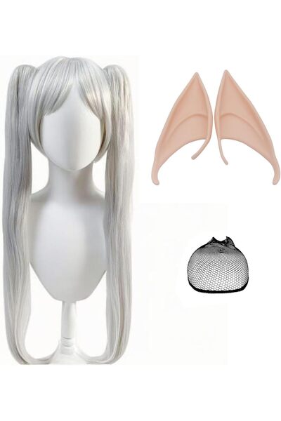 Pwsap 2Pcs Long Grey Wigs for Women with Elf Ears Wig Cap, Layered Synthetic ...