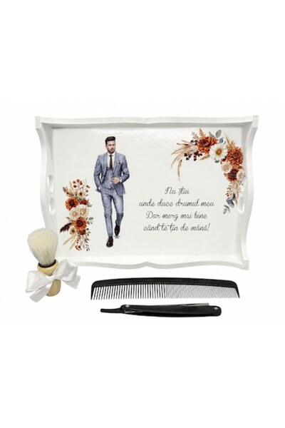 OEM White tray set for the groom's shaving ritual, 4 pieces, tray, brush, raz...