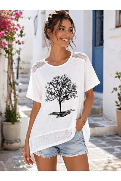 Butik Şans Women's Mesh Detailed Stone Printed Tree Figured Cotton T-Shirt