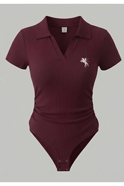 Minga London Body din Lycra Premium cu guler polo și capse - Roșu Claret
