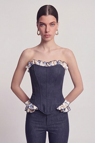 HOLLY LOLLY Corset cu volane în stil jeans, bustieră Venus, albastru închis