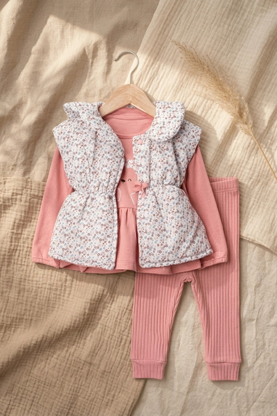 air baby Mia Kız Bebek Pembe Çiçekli Şişme Yelekli Üçlü Kombin Takım - Pamukl...