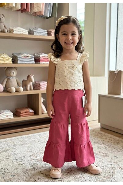 Bebüş FİSTO DANTELLİ CROP GENİŞ PAÇA PANTOLONLU İKİLİ KIZ ÇOCUK TAKIM-10010