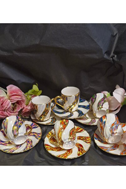 BY.RAYKA PORSELEN El Dekor Line Pirselen Hand-Painted 6-Piece Cup Set