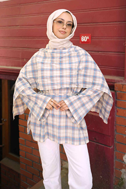İmajButik Blue Plaid Tunic with Shawl Detail