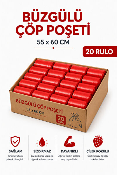 MSE HOLD Büzgülü Çöp Poşeti Çilek Kokulu 55×60 cm Orta Boy 20 Rulo Dayanıklı ...