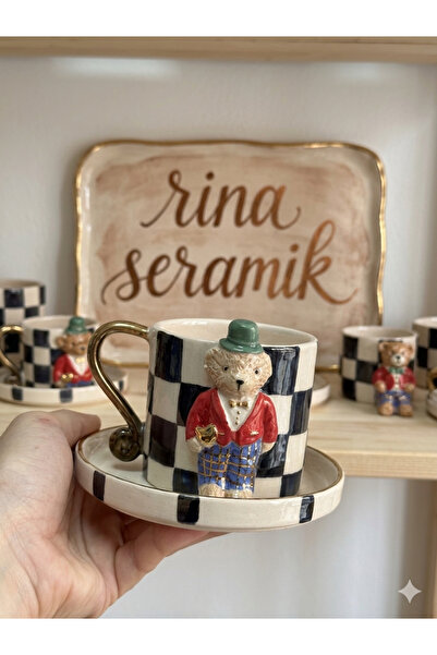 RinaSeramik Damalı Ayıcık Seramik Fincan Takımı -Kırmızıı