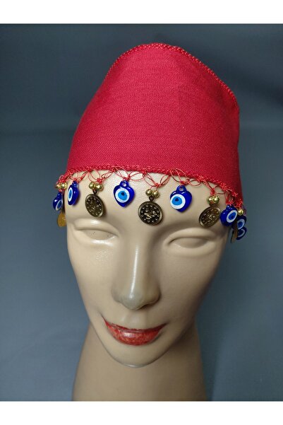 keşancım Long, Plain Bandana with Knitted Sides, Evil Eye Design and Gold Seq...