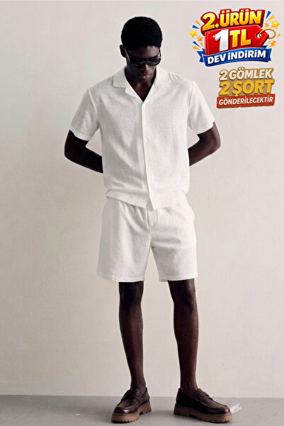 DAMGA JEANS Men's Summer Linen Shirt Elastic Waist Shorts White Two-Piece Set