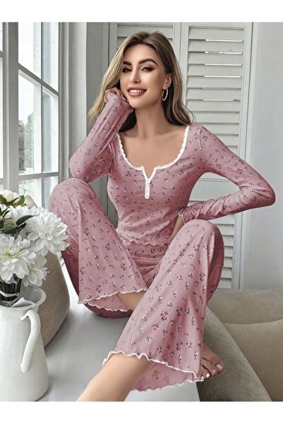 Sepetink Women's Floral Patterned Soft Cotton Long Pajama Set 5132