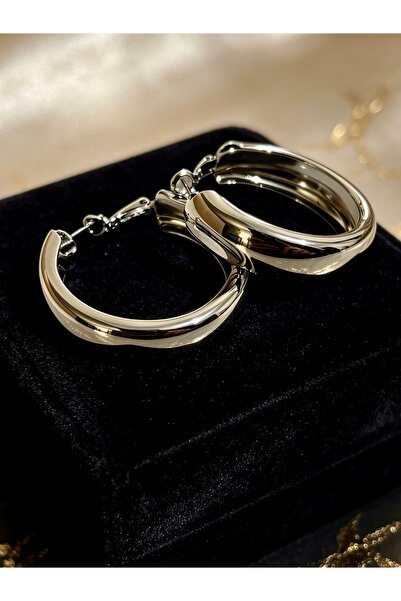 ayoljewelry أقراط دائرية ضخمة من الفولاذ باللون الفضي للنساء