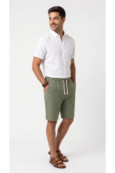 BADESSA Men's Khaki Linen Muslin Shorts Lightweight Casual Thin Fabric with Back Pockets
