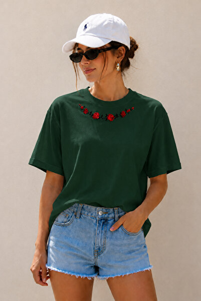 ArtYus Rose Collar Detail Printed Unisex Oversize T-Shirt – Cotton Crew Neck ...