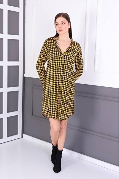 Polologin Butik Yellow Black Houndstooth Patterned Viscose Tunic