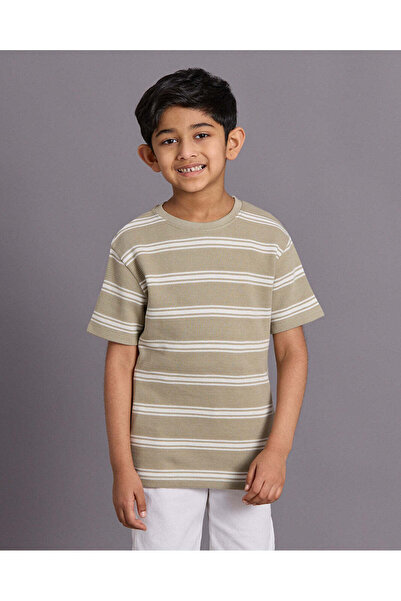 REDTAG Boys Beige Striped Short Sleeve T-Shirt