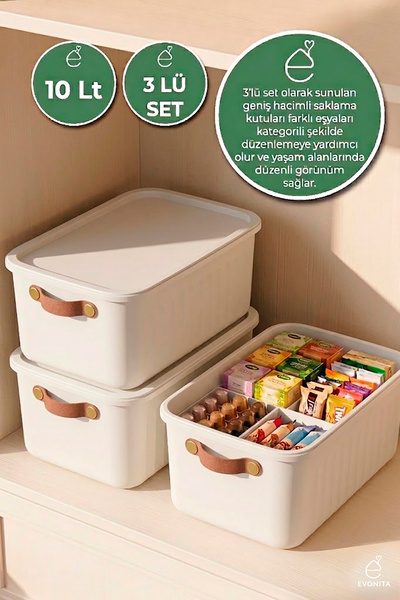 EVONİTA Dekoratif Saklama Kutusu 3lü Kapaklı Organizer Banyo Mutfak Düzenleyi...