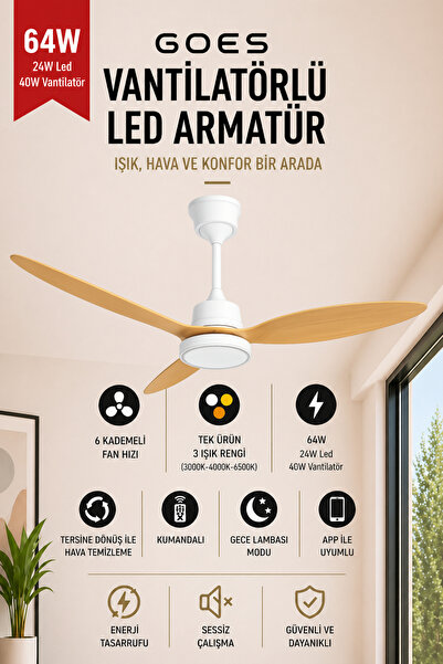 Goes Büyük Boy Tavan Vantilatörü LED Avize 132CM 65 Watt 6 Kademeli Kumandalı...
