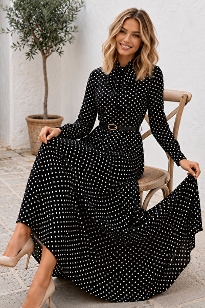benguen Belted Polka Dot Dress B2613 Black