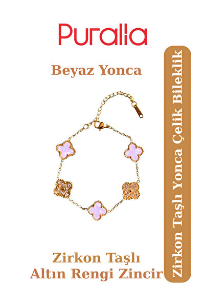 Puralia White Clover Steel Bracelet with Zircon Stones - Gold Yellow Chain