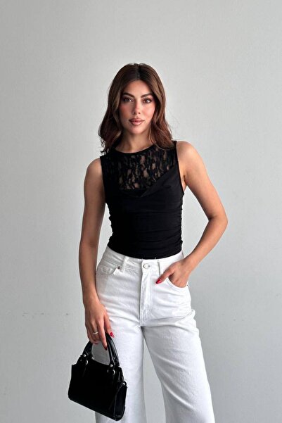 Shopping Shop Lace Detail Zero Sleeve Degaje Blouse Black