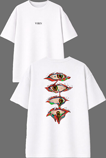 VSRN 4 Strange Eye Design Front and Back Printed White Oversize t Shirt