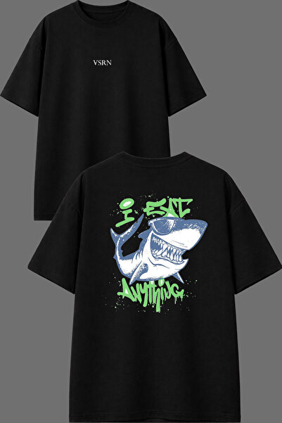 VSRN Tricou oversize negru cu imprimeu față și spate I Eat Design