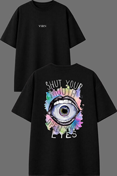 VSRN Shut Your Design Front and Back Printed Black Oversize T-Shirt