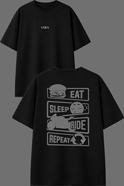 VSRN Μπλουζάκι με σχέδιο Eat Sleep Ride, με στάμπα μπροστά και πίσω, μαύρο, o...